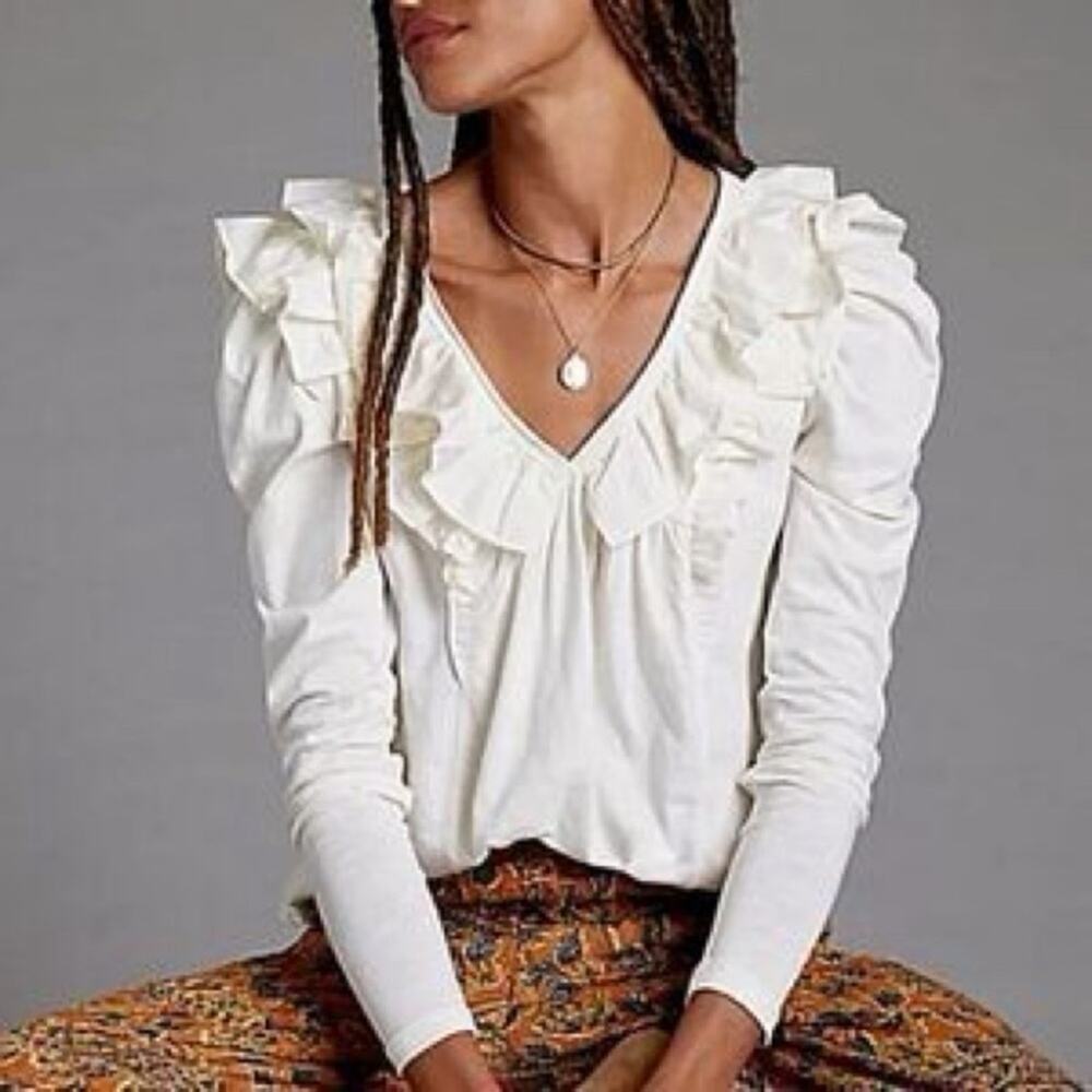 Anthropologie Cream Ruffle V-Neck Long Sleeve Blouse XS | Romantic Boho
